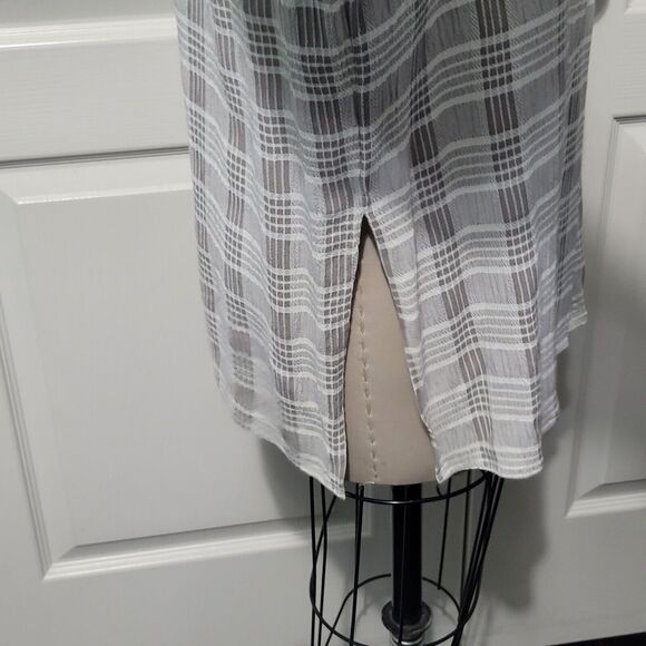 Vtg Clio Blouse Womens M Gray White Plaid Flowy Boho 4 Button Tunic 90s … - Picture 4 of 16